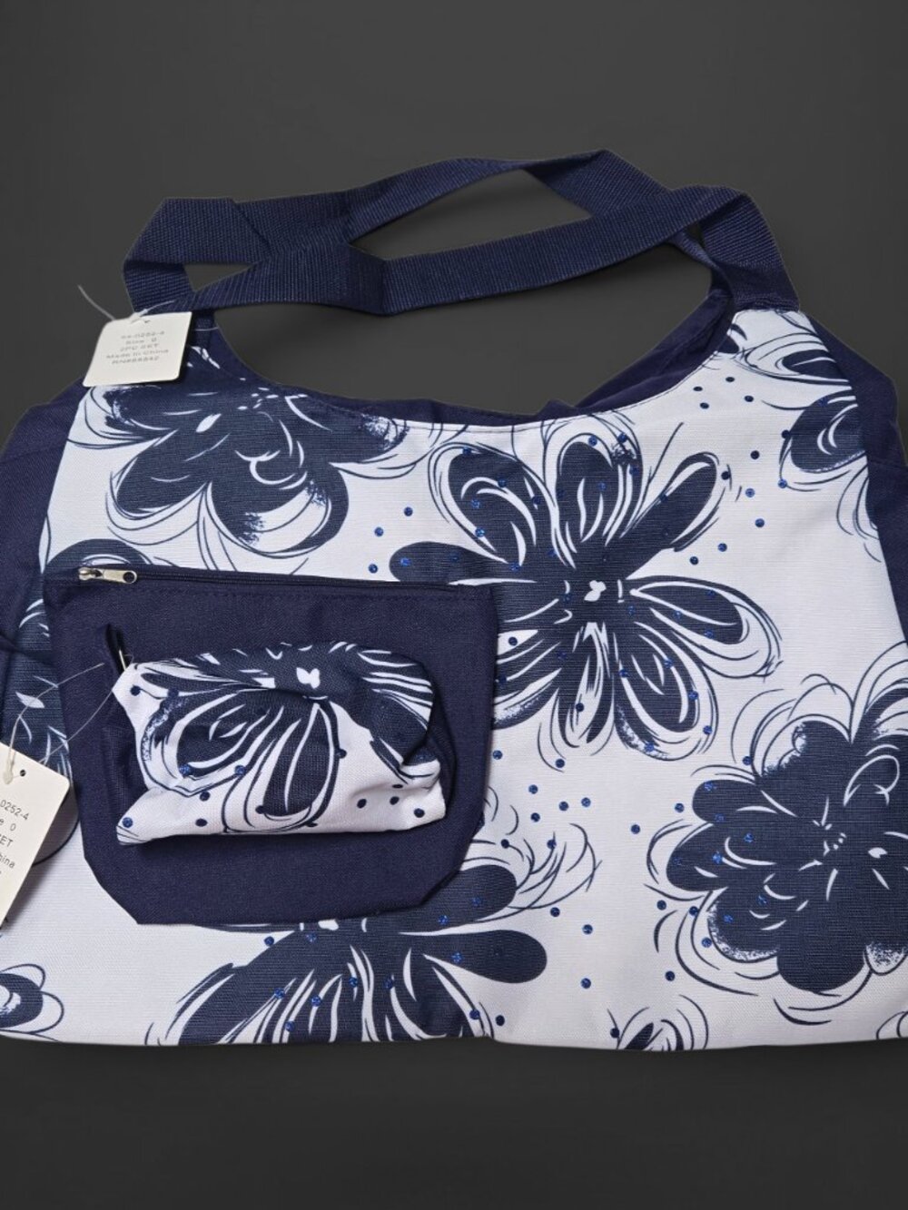 Navy Blue Floral Beach Tote Bag